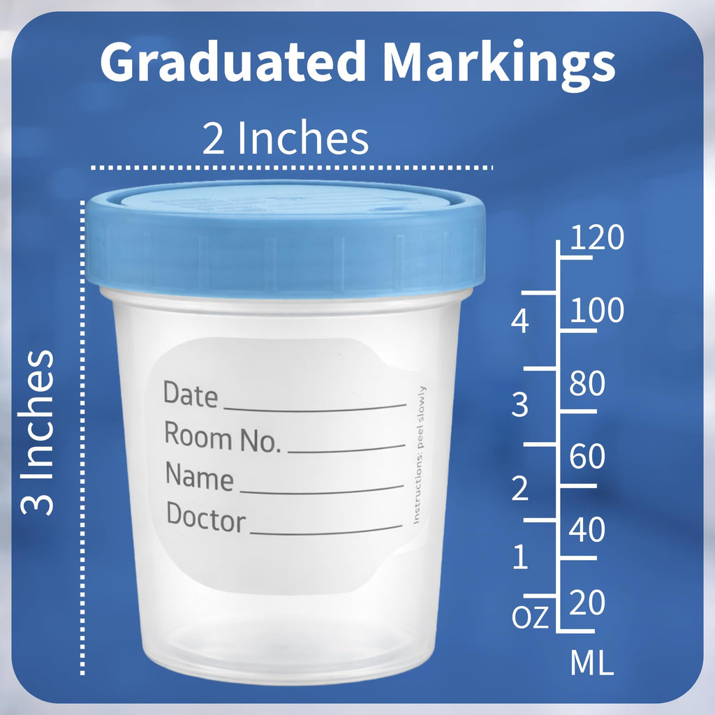 Sterile Specimen Cups with Lids 4oz Clear Urine Collection Cup with Leak Proof Screw On Covers - Individually Bagged 3 inch Specimens Jars – for Safe Pee, Stool, Semen Sample Testing (600)