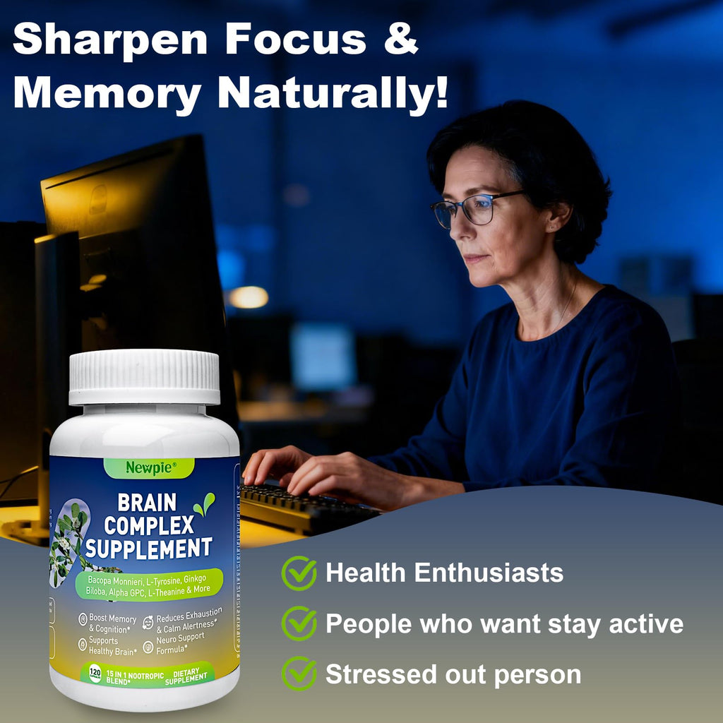 Newpie Brain Supplements for Memory & Focus,15 in 1 Brain Supplement Nootropic with Bacopa Monnieri,Alpha GPC, Ginkgo Biloba,Lion's Mane for Mental Clarity & Concentration 120 Caps (2)