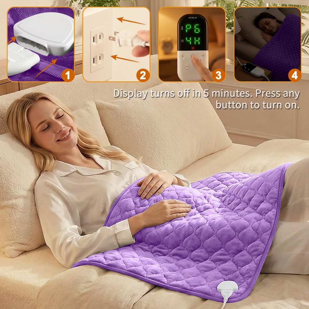 King Size Heating Pad for Back Pain 32"x24" Extra Large Electric Heating Pad for Period Cramps Relief & Body Neck Shoulder Auto Shut Off Heat Pad Temperature Settings Machine Washable Purple