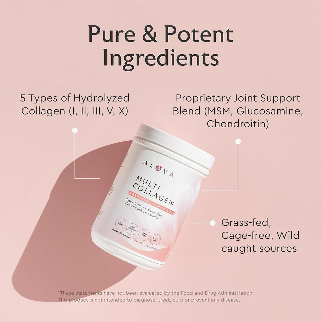 Alaya Multi Collagen Powder - Type I, II, III, V, X Hydrolyzed Collagen Peptides Protein Powder Supplement with MSM + GC (Raspberry Lemonade)