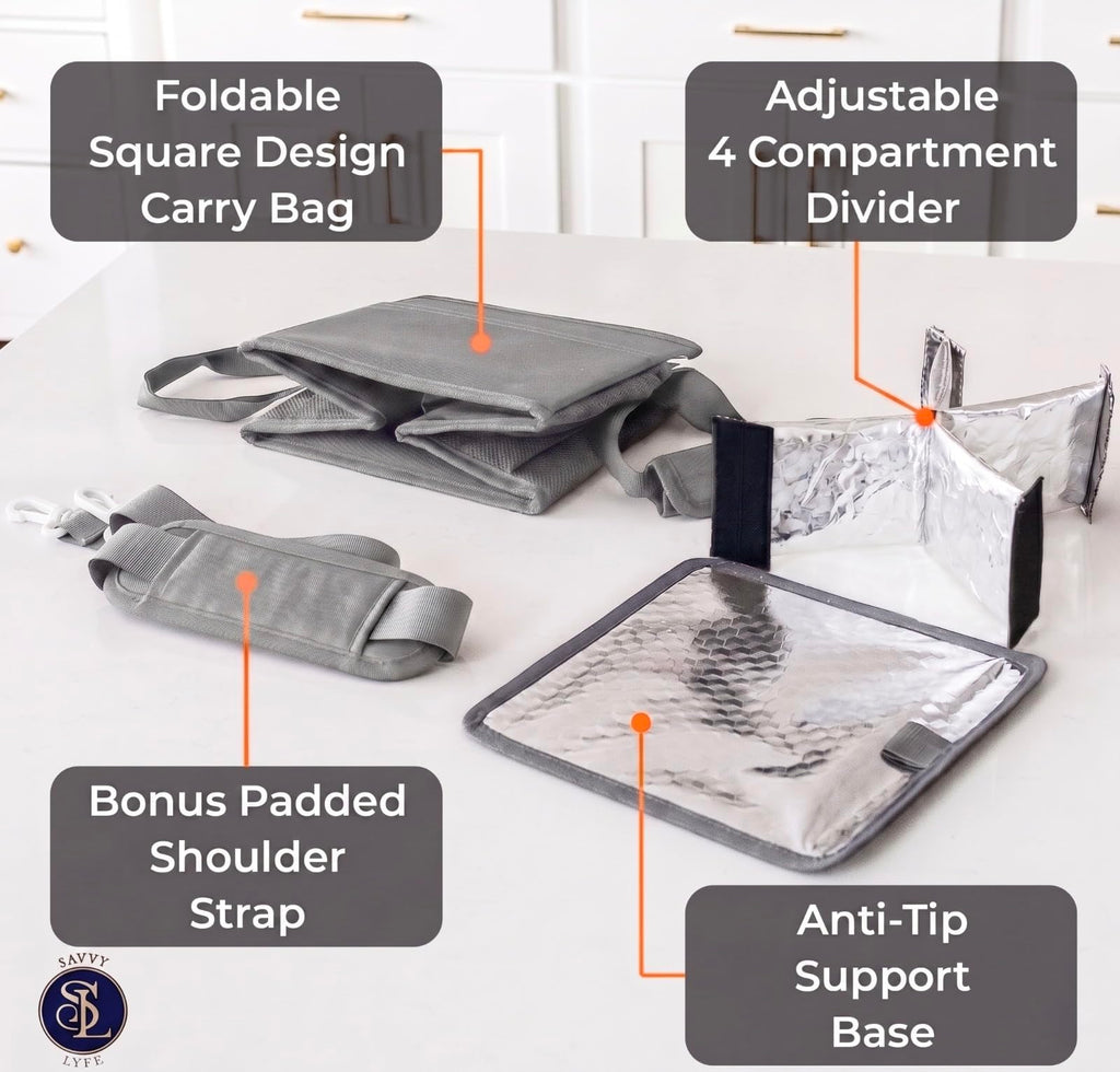 Savvy Lyfe Reusable Drink Carrier with Handle – Tip-Resistant 4 Cup Carrier with Shoulder Strap for Delivery – Insulated, Foldable, Adjustable Dividers – Portable Caddy Tote Bag, Drink Holder for Car