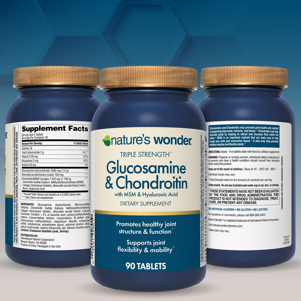 Nature's Wonder Triple Strength Glucosamine Chondroitin with MSM and Hyaluronic Acid and Boswellia for Joint Health, Supports Joint Flexibility and Mobility, 45 Day Supply, 90 Tablets (Pack of 2)