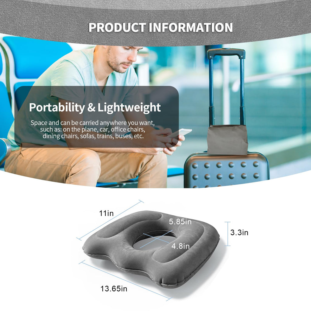 Nevife Inflatable donut cushion for Tailbone Pain Relief-Orthopedic Hemorrhoid & Sciatica Seat Cushion-Coccyx Cushion for Postpartum Pregnancy,Office Chair,Car,Wheelchair&Post-Surgical Recovery (Gray)