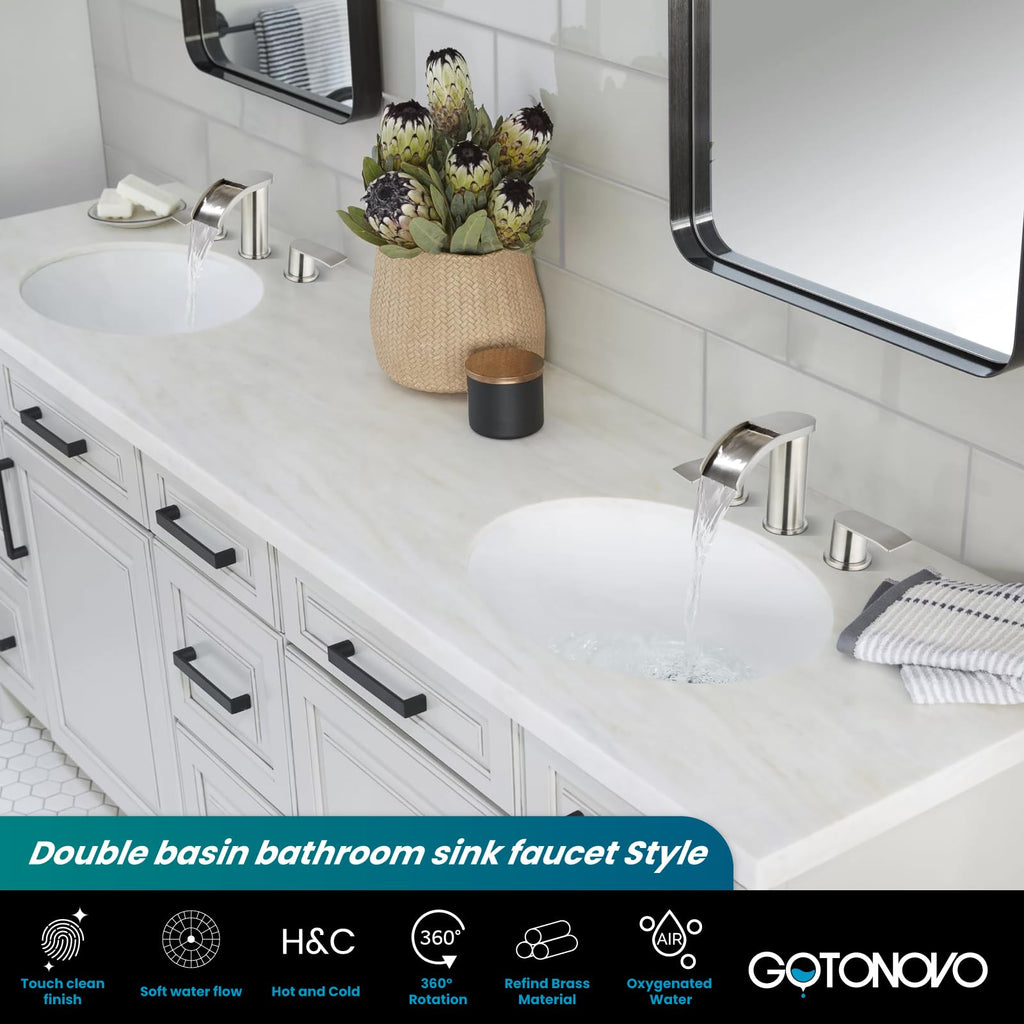 gotonovo Waterfall 8 inch Widespread Bathroom Faucet Set Bathroom Sink Faucet 3 Hole 2 Handle Vanity Lavatory Deck Mount with Pop Up Drain and Water Supply Lines Round Body Brushed Nickel