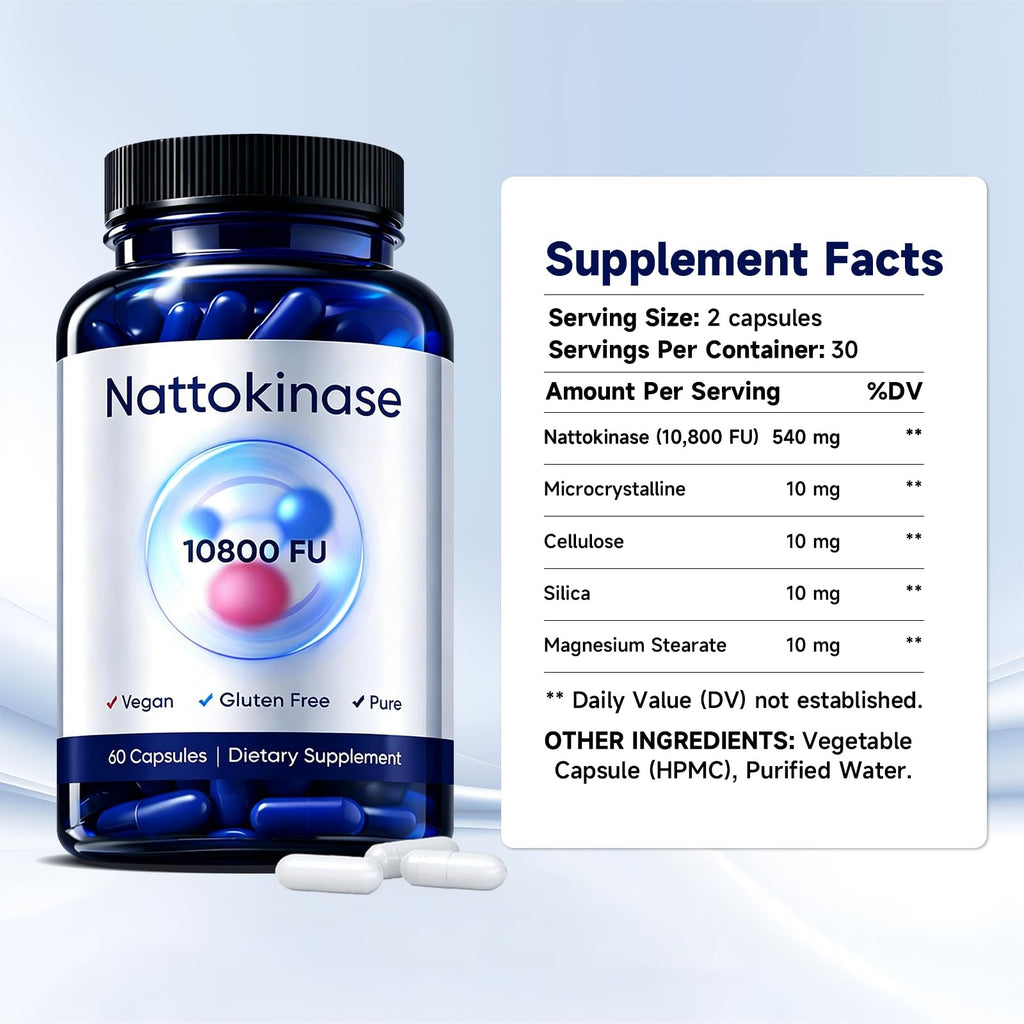 Xhnbbghao Ultimate Nattokinase Capsules, Nattokinase Supplement 10800 FU Per Serving, Serving for Body Health, and Daily Wellness Support, Vegan, Gluten Free, 60 Capsules