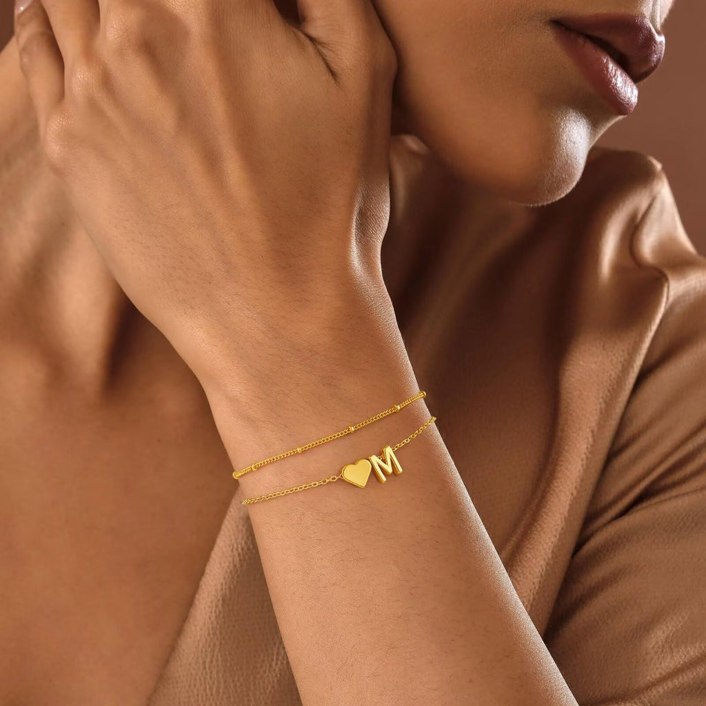 M MOOHAM Bracelets for Women, 14K Gold Plated Initial S Bracelet Jewelry
