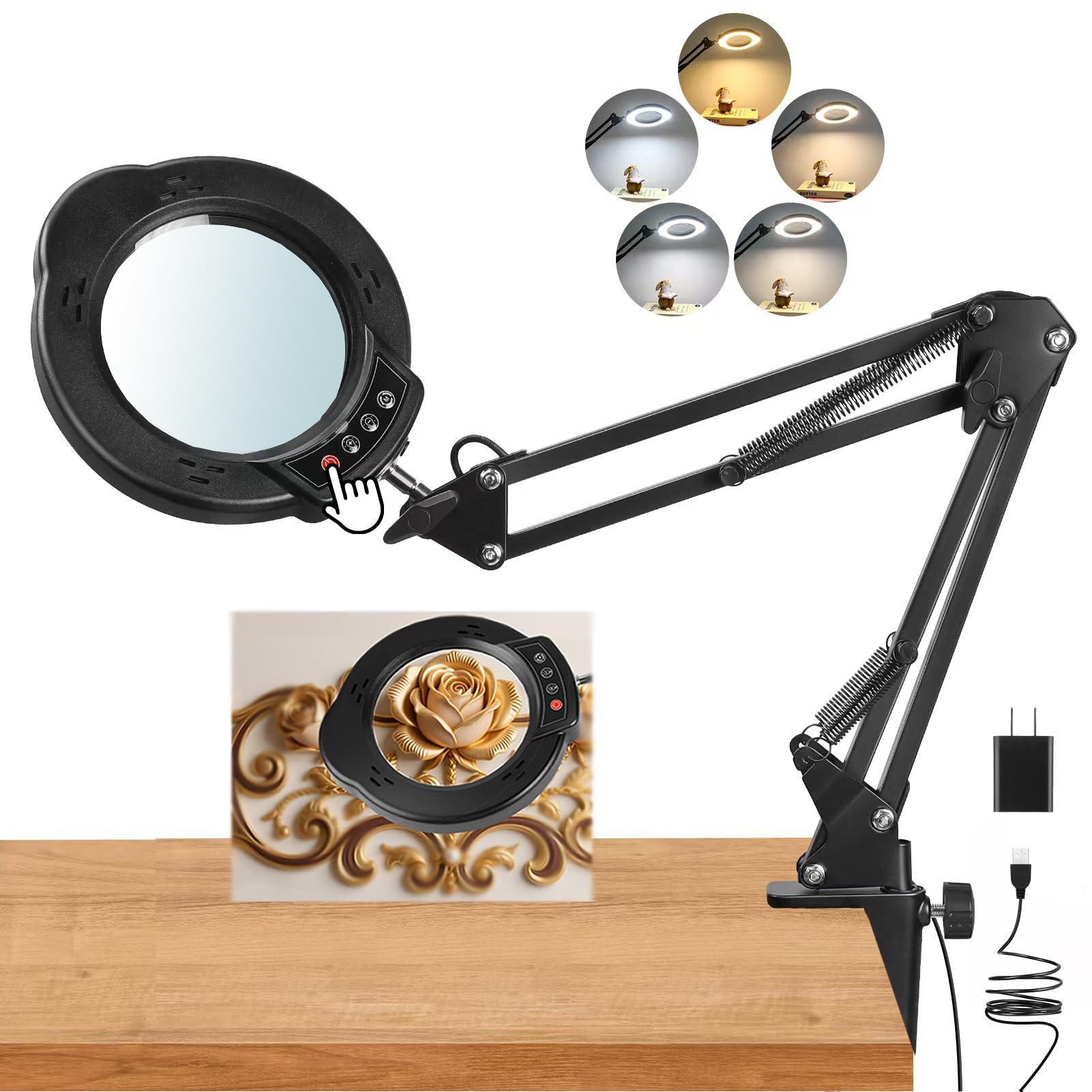 Upgrade 12X Magnifying Glass with Light and Stand, Real Glass Magnifying lamp, 5 Color Modes Stepless Dimmable,84LEDs Desk Lamp, Magnifier with Light Hands Free for Close Work, Reading Craft Repair