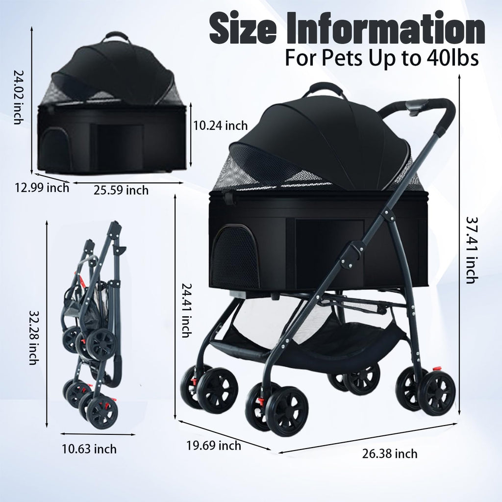 ZHUOKECE 3-in-1 Pet Dog Stroller, Dog Wagon with Removable Carrier, Cat Stroller for Medium Dogs Up to 55lbs (Black)