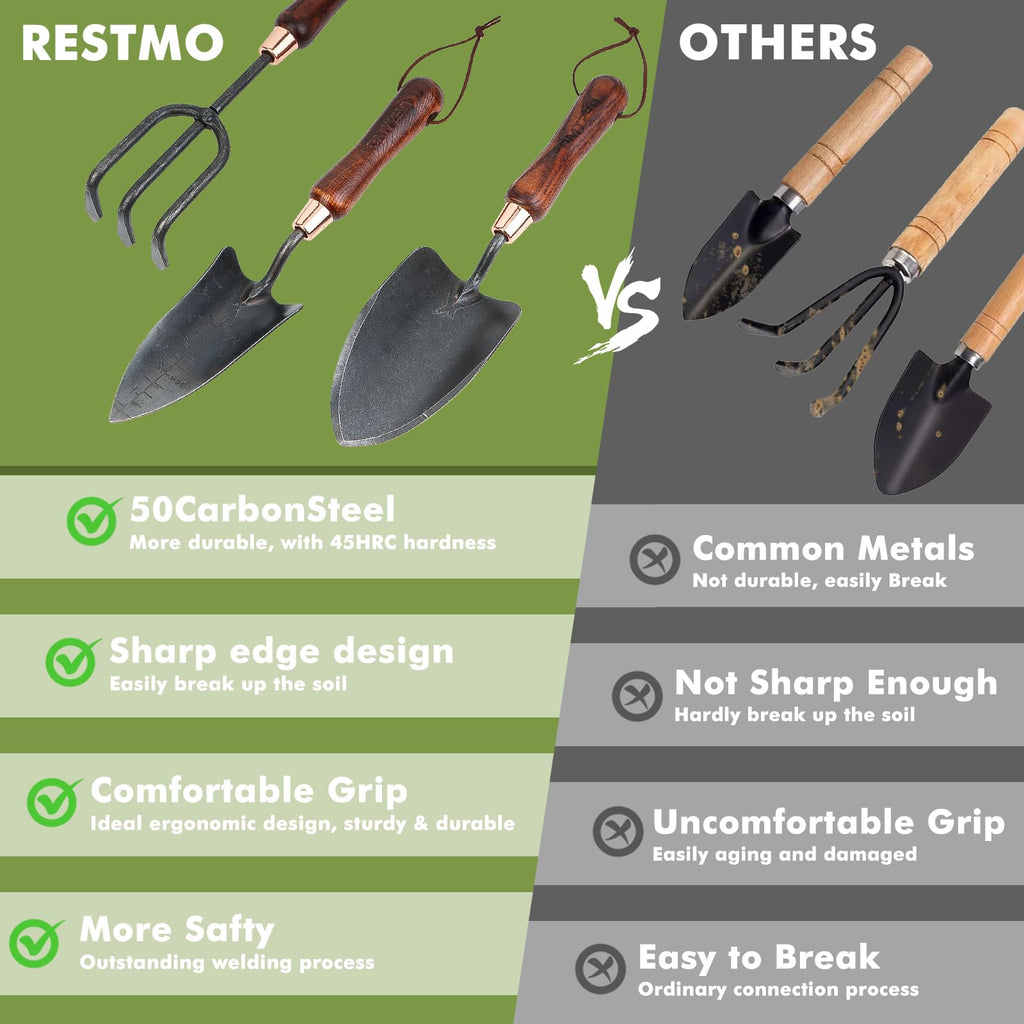 RESTMO Gardening Tools Set, 3-in-1, Carbon Steel, Wooden Handle, Brown