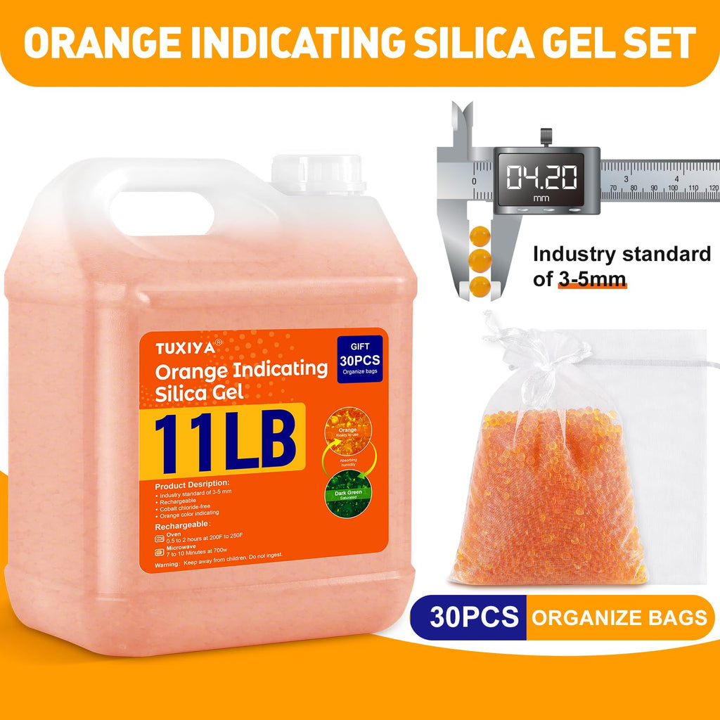 TUXIYA 11 LBS Orange Indicating Silica Gel Desiccant Beads,(Industry Standard 3-5 mm) Rechargeable Silica Gel Beads for 3D Filament, Electronic Devices, Camera, Jewelry, Safe(30PCS Organza Bag)