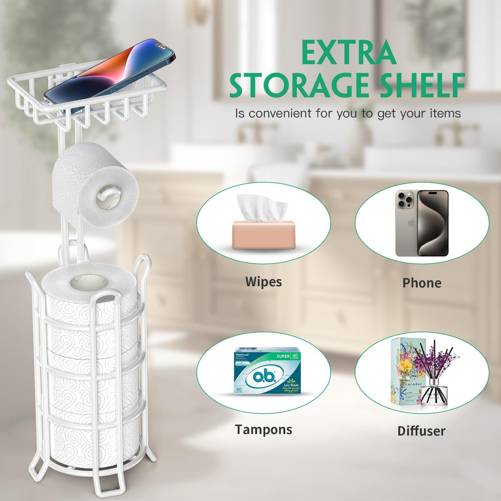 TomCare Toilet Paper Holder Stand with Shelf 4 Raised Feet Upgraded Free Standing Toilet Paper Roll Storage with Tissue Paper Dispenser Metal Bathroom Storage Organization (White)