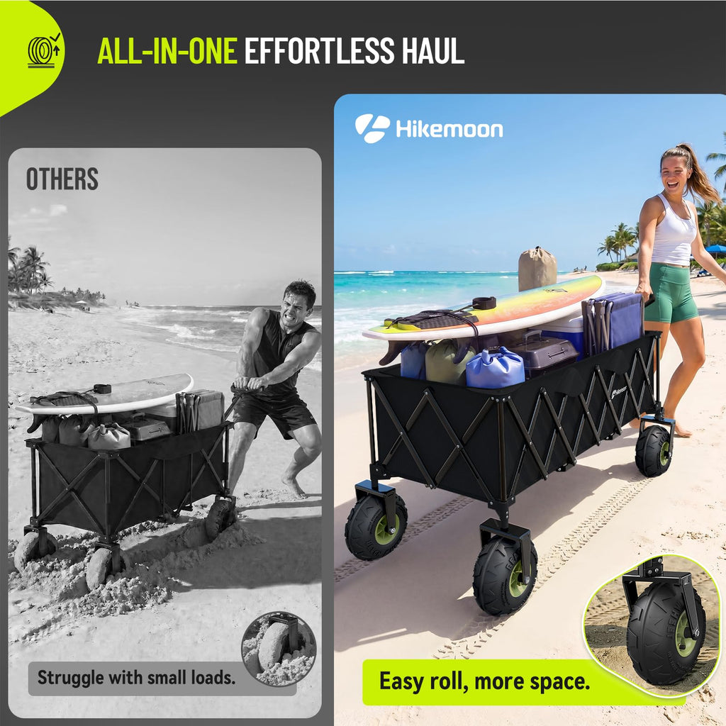 HIKEMOON 400L Large Beach Collapsible Wagon with Balloon Wheels, Black