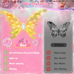 Princess Dress up Costume with Electric Fairy Wings for Girls 3-8, Light Up Moving Butterfly Wings with LED Lights&Music, Christmas Birthday Gift Princess Dresses with Crown/Wand/Bracelets/Necklaces