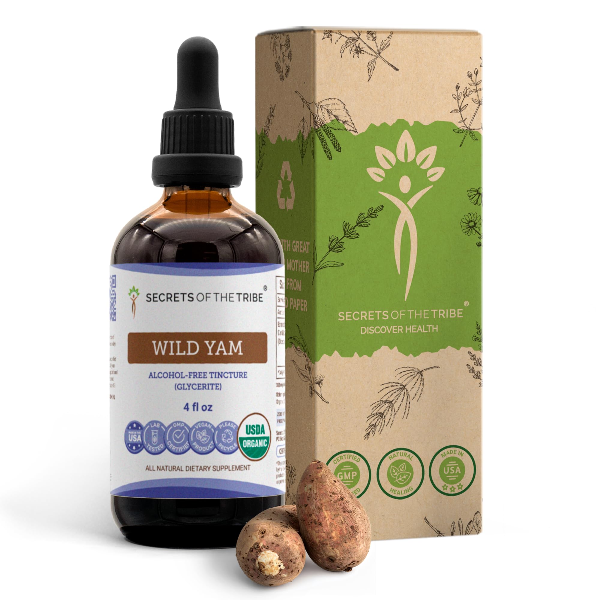 Secrets of the Tribe Wild Yam USDA Organic | Alcohol-Free Extract, High-Potency Herbal Drops, Digestion | Made from 100% Certified Organic Wild Yam (Dioscorea Villosa) Dried Root 4 oz