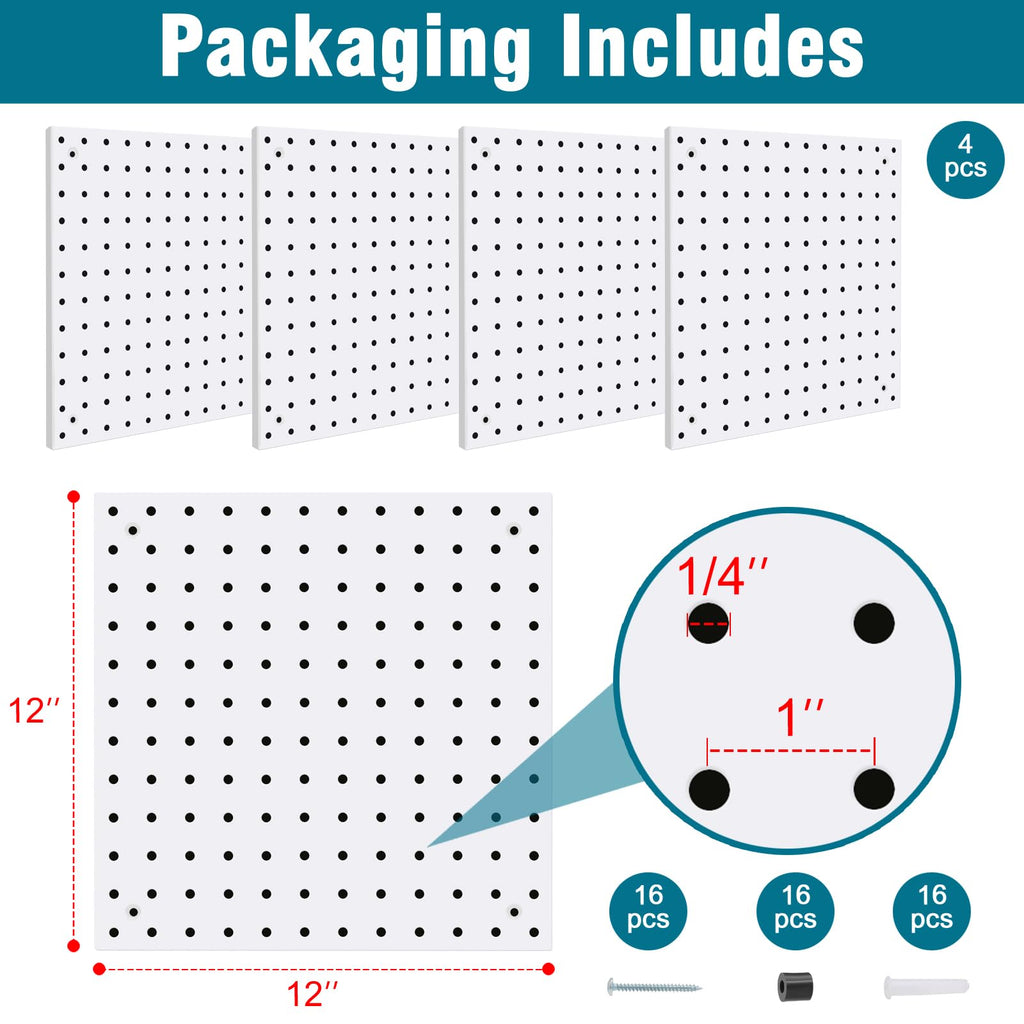 Daanxw 4 Pack Steel Peg Board,Universal 1/8 and 1/4 Pegboard Accessories,Ideal for Garage Tool Storage, Office Organization, Craft Room, Kitchen etc. (White, 4-12X12)