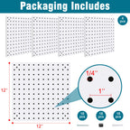 Daanxw 4 Pack Steel Peg Board,Universal 1/8 and 1/4 Pegboard Accessories,Ideal for Garage Tool Storage, Office Organization, Craft Room, Kitchen etc. (White, 4-12X12)