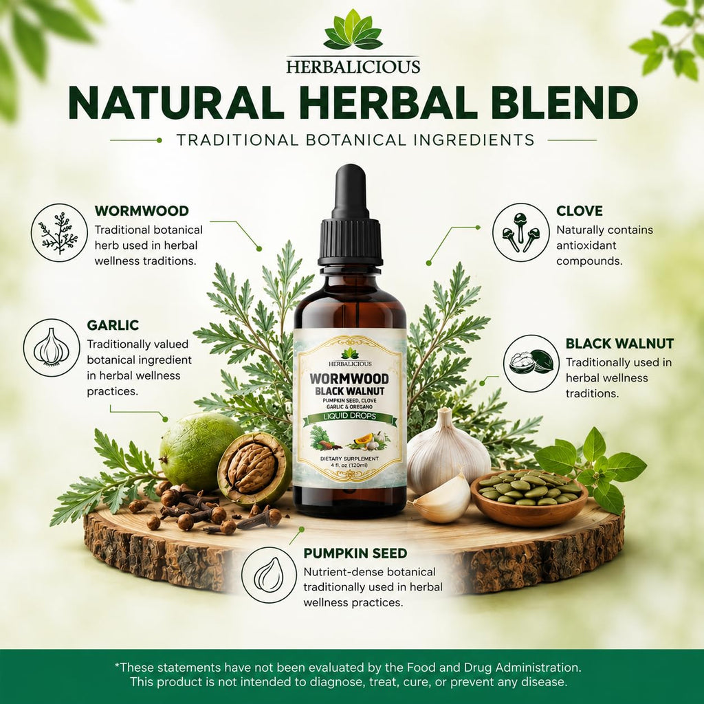 HEBRALICIOUS Wormwood Black Walnut Clove Parasite Cleanse – Herbal Liquid Drops with Pumpkin Seed, Garlic & Oregano Oil – Alcohol-Free Tincture Supplement, 4 fl oz (120 ml)