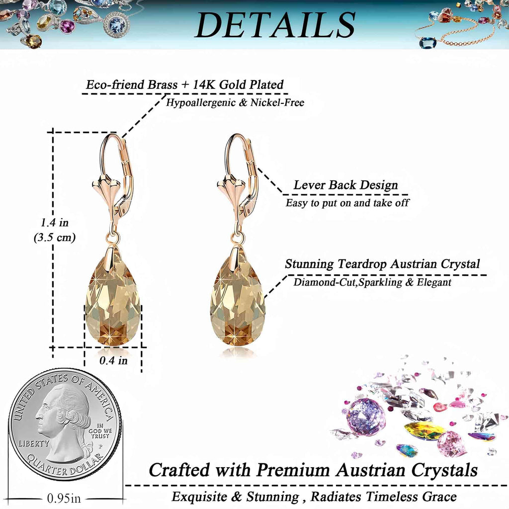 EVEVIC Austrian Crystal Teardrop Leverback Drop Earrings for Women