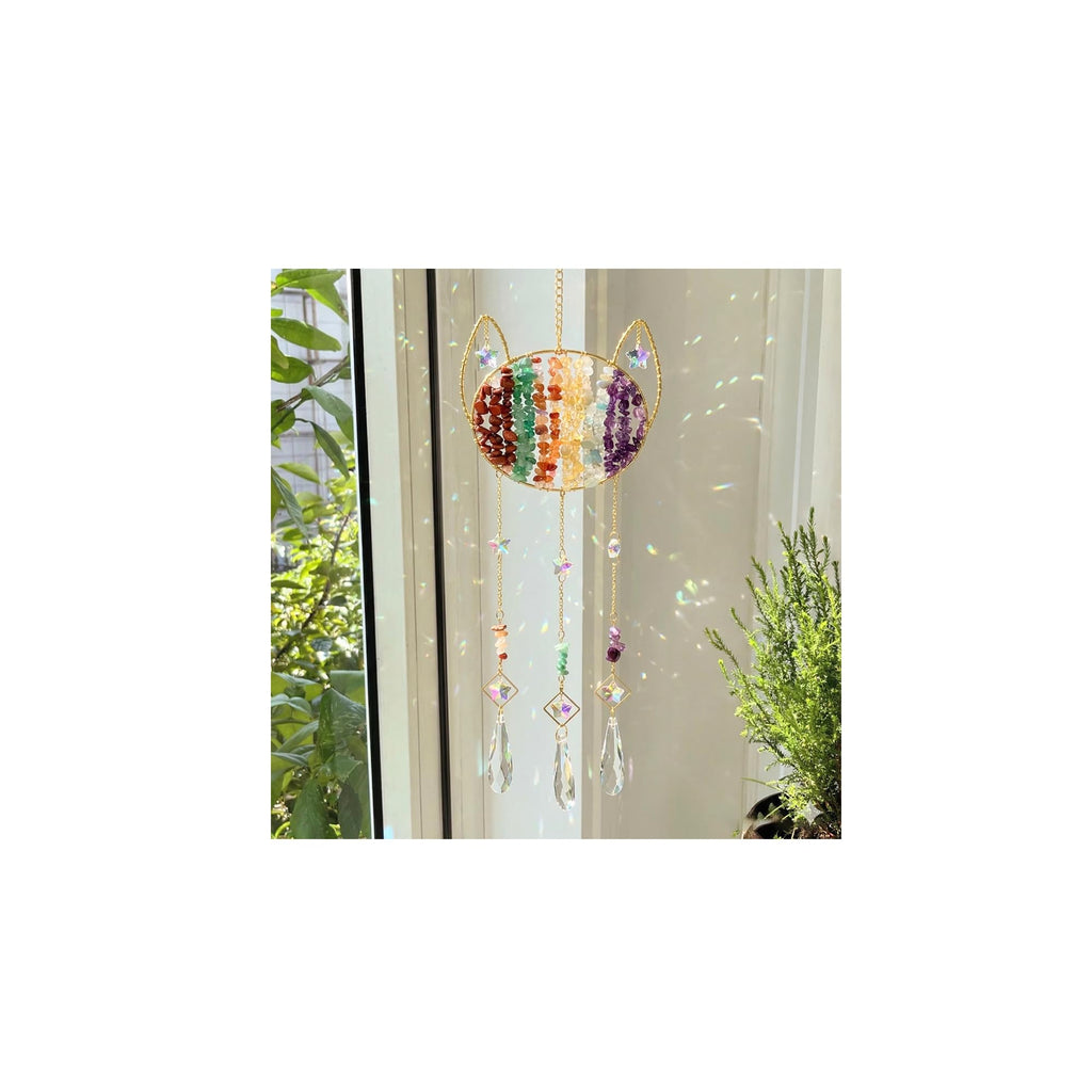 Cat Memorial Crystal Suncatcher - Natural Gemstone Rainbow Maker Wall Hanging Decor, Healing Stone Cat Lover Gifts for Women,Chakra CrystalWind Chimes for Window, Home, Garden Decoration