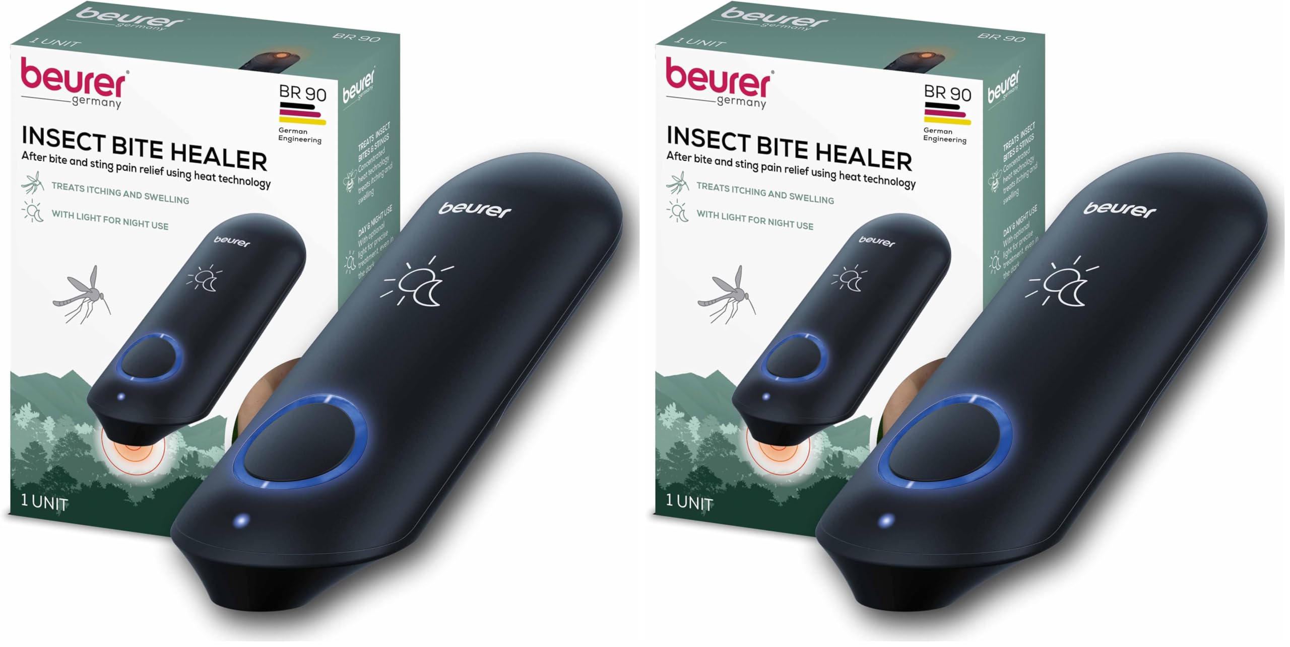 Beurer BR90 Insect Sting and Bite Relief with Light,Chemical-Free Bug Bite Healer for Day and Night,Electronic Heat Device for After Mosquito Bites to Ease Itching-and Swelling,(Pack of 2)