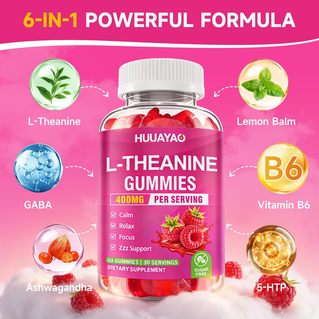 HUUAYAO L-Theanine Gummies 400mg, L-Theanine Supplement for Kids & Adults with Ashwagandha, GABA, 5HTP for Calm, Zzz & Relaxation Support, Raspberry Flavor, 120 Counts
