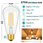 4-Pack Vintage 8W ST64 LED Edison Light Bulbs 100W Equivalent, 1400LM E26 Light Bulbs, 2700K Warm White, Antique Filament LED Bulbs, CRI 90+, Clear Glass, Great Bulb for Home, Bedroom, Non-Dimmable