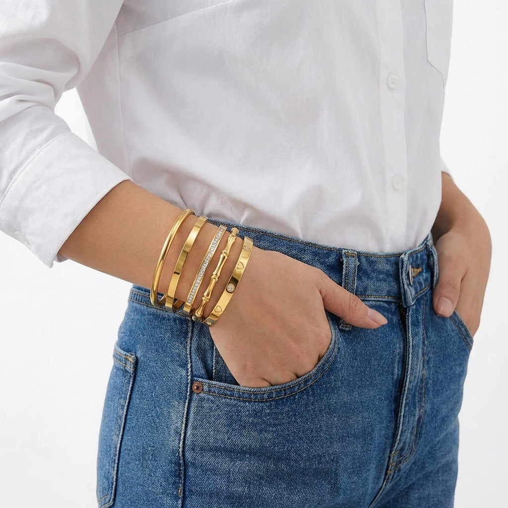 Camhanno Gold Bangle Bracelets for Women Trendy Waterproof - 18K Gold Plated Stackable Bamboo Style Stainless Steel Bracelets Non Tarnish Fashion Jewelry Gifts for Women