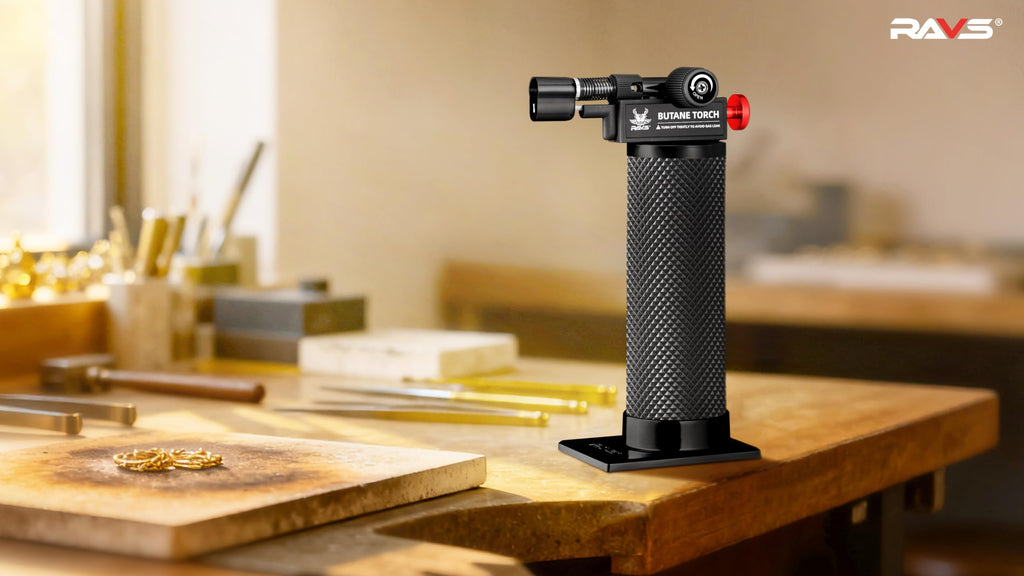 RAVS Butane Torch Lighter, DUAL Flame Mode Kitchen Torch with Adjustable Flame, Refillable Creme Brulee Torch for Baking, Cooking, Metal Body Soldering Torch, Black/Red, Butane Gas Not Included