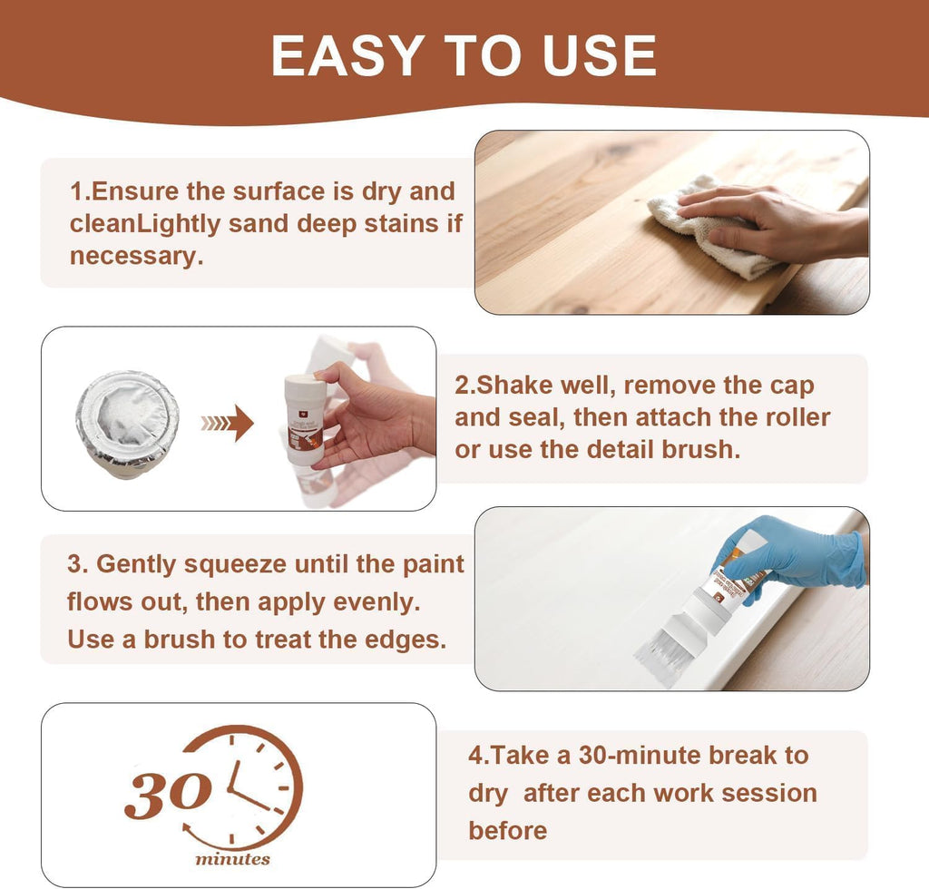 2 in 1 White Paint Wood Refinishing Kit– 2-Pack Easy Paint Brush with No Drip Design, High-Density Bristles for Furniture, Doors & Cabinets,6.35 oz per bottle.
