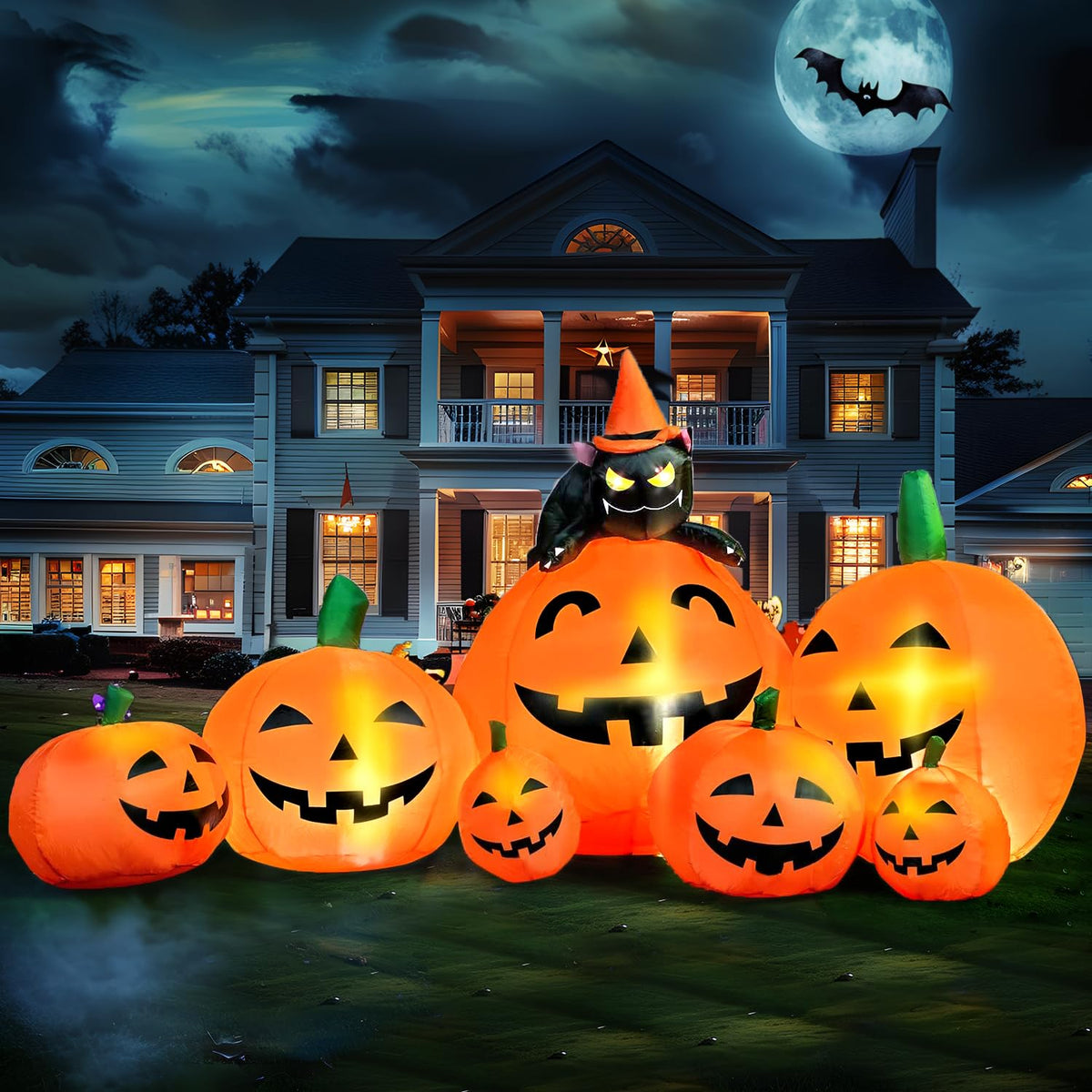 Joiedomi 7 FT Long Halloween Inflatables Pumpkin Outdoor Decorations, 7 Pumpkins Outside Decoration with Witch's Cat with Build-in LEDs Blow Up Inflatables for Party Yard Lawn Garden Decor