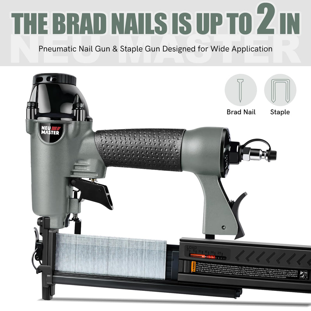 NEU Master Pneumatic Brad Nailer, 2 in 1 Nail Gun/Staple Gun Works with Air Compressor(Not Included), 18 Gauge 2 Inch Brad Nails and Crown 1-5/8 inch Staples with Carrying Case and Safety Glasses