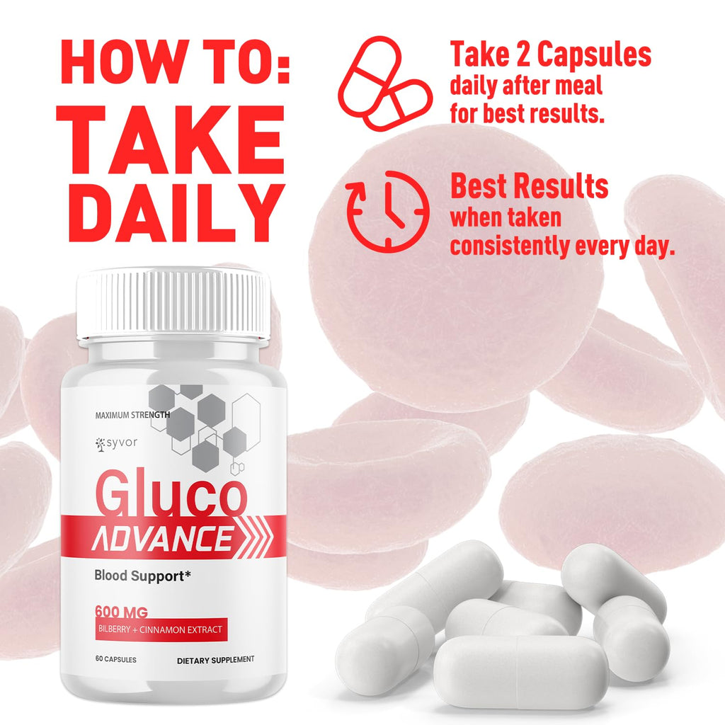Gluco Advance Capsules, Official Gluco Advance Supplement Pills with All Natural Ingredients, Advanced Formula Supplement with Maximum Strength Premium Vitamins for Women & Men (60 Capsules)