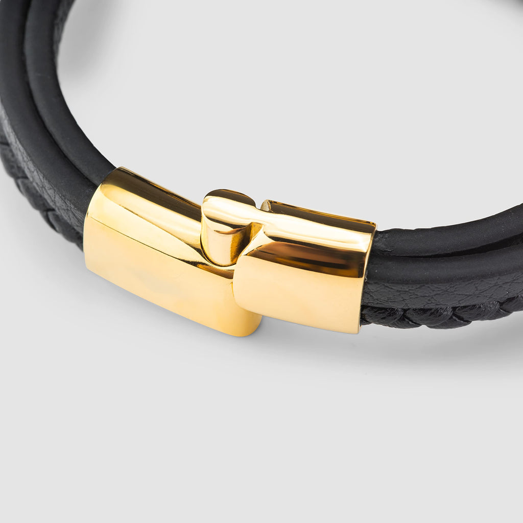 SERASAR Leather Men Bracelet Black Gold Steel Braided Jewelry Gift 8 inch