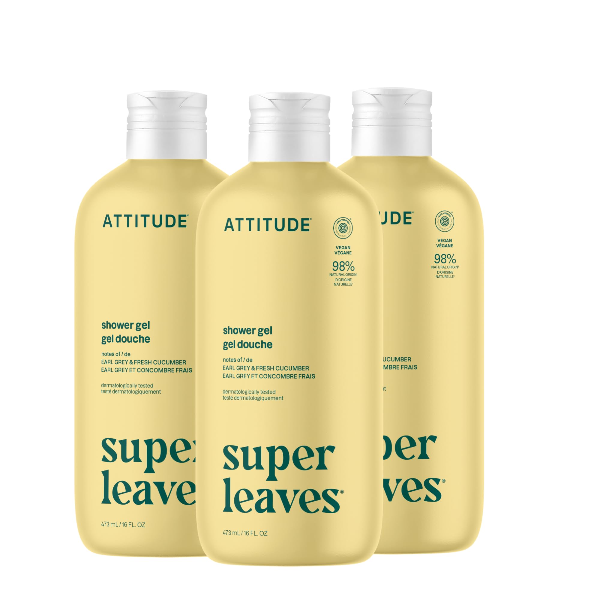 ATTITUDE Body Wash, EWG Verified Shower Gel, Dermatologically Tested, Plant and Mineral-Based, Vegan Personal Care Products, Earl Grey & Fresh Cucumber Scent, 16 Fl Oz (Pack of 3)
