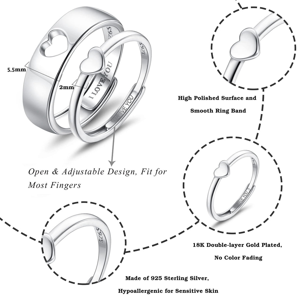 MILACOLATO 2Pcs S925 Sterling Silver Heart Matching Rings for Couples