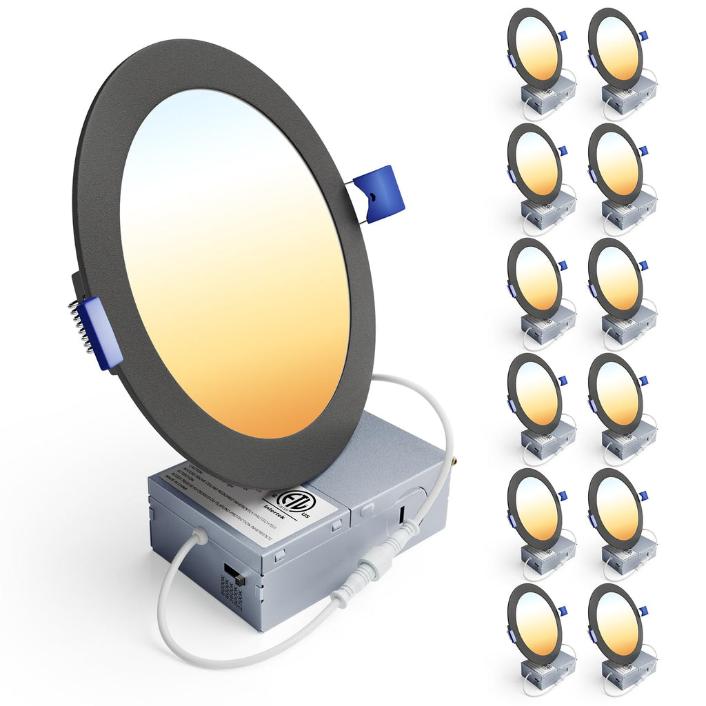Ensenior 12 Pack 6 Inch LED Recessed Ceiling Light Black, Dimmable, 2700K-5000K 5CCT, 1200LM 12W 120V, High Brightness Canless Wafer Downlight - ETL&FCC&IC
