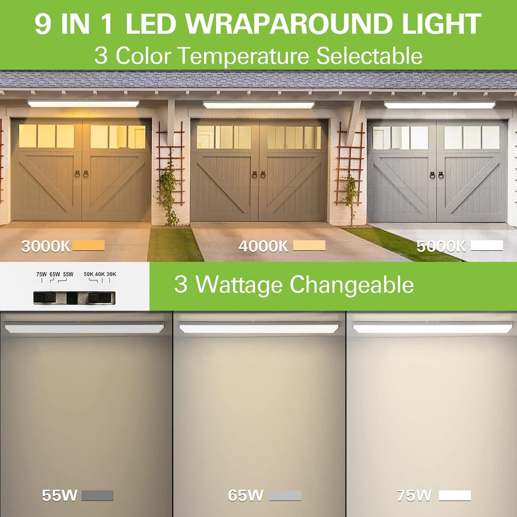 hykolity 4FT LED Wraparound Light Fixture with 3 Wattages/3 Lumens/3 CCT Selectable, 55W/65W/75W, 5500lm/6500lm/7500lm, 3000K/4000K/5000K, Flush Mount Office Ceiling Light, ETL
