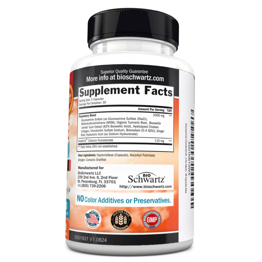 Glucosamine Chondroitin MSM Joint Support Supplement - Collagen Peptides, Turmeric and Ginger, Hyaluronic Acid, Glucosamine Chondroitin Sulfate for Joint Comfort - Gluten Free, Non GMO, 90 Capsules