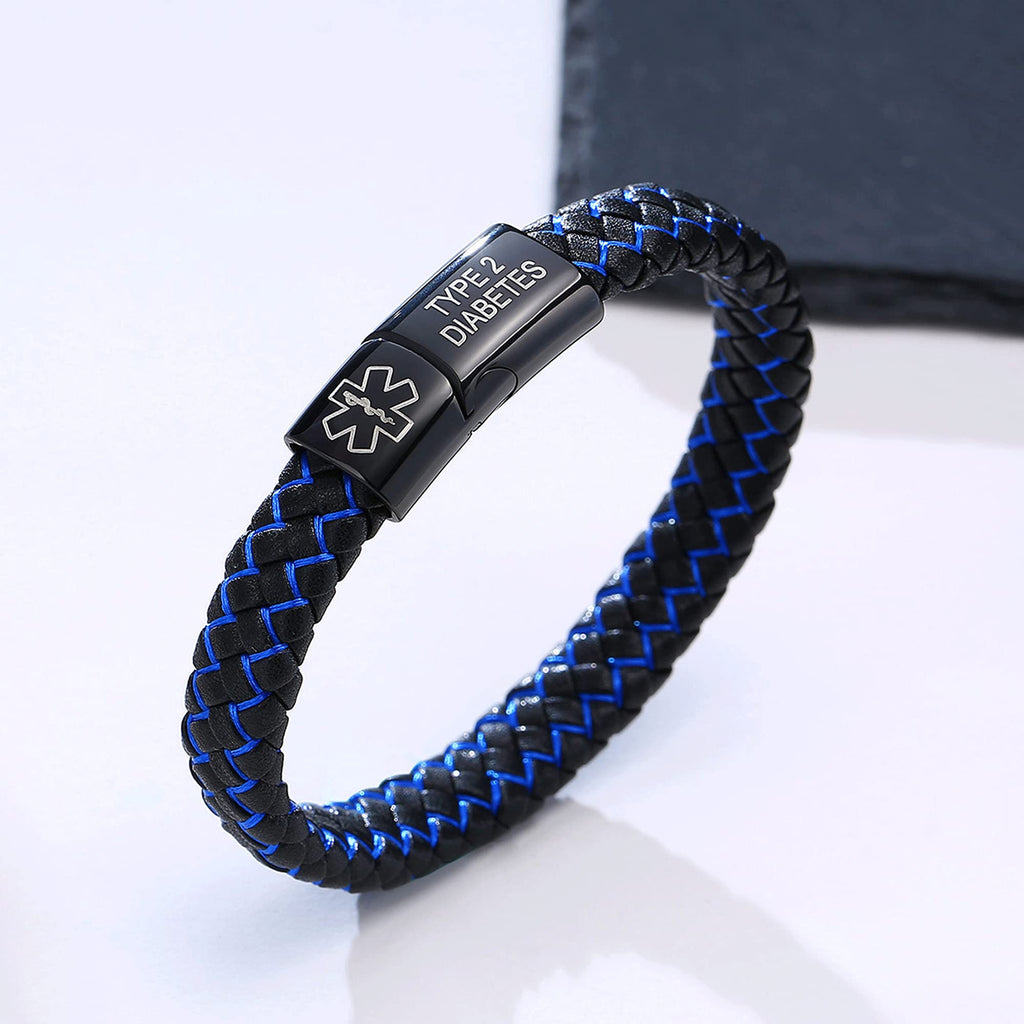 VNOX Free Engraving Medical Alert ID Blue&Black Braided Leather Black Stainless Steel Cuff Bracelet