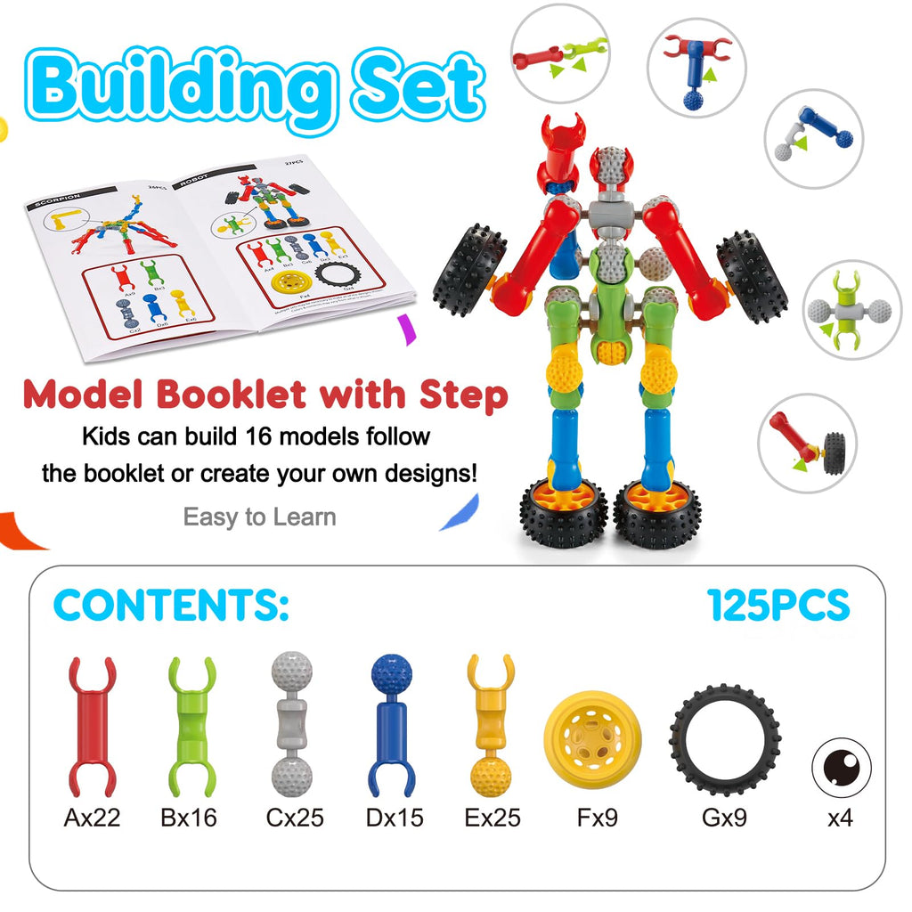 Kids STEM Building Toys for 3 4 5 6 7 8+ Year Old Boy Girl Birthday Gift, 125 Pcs Preschool Classroom Educational Building Blocks Stem Kits Activities Ages 3-5 4-8 5-7 6-8 Engineering Creative Games