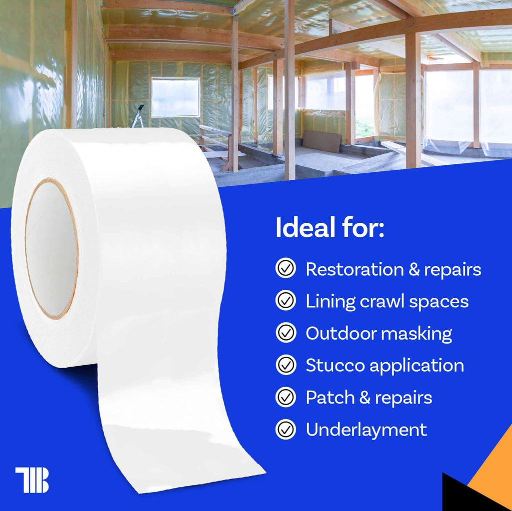 Vapor Barrier Tape - 4 inch x 180' Roll, Made in USA, White Polyethylene Tape for Crawl Spaces & Moisture Barriers, Waterproof Seal & Seam Tape for Underlayment, Insulation, and Plastic Liners