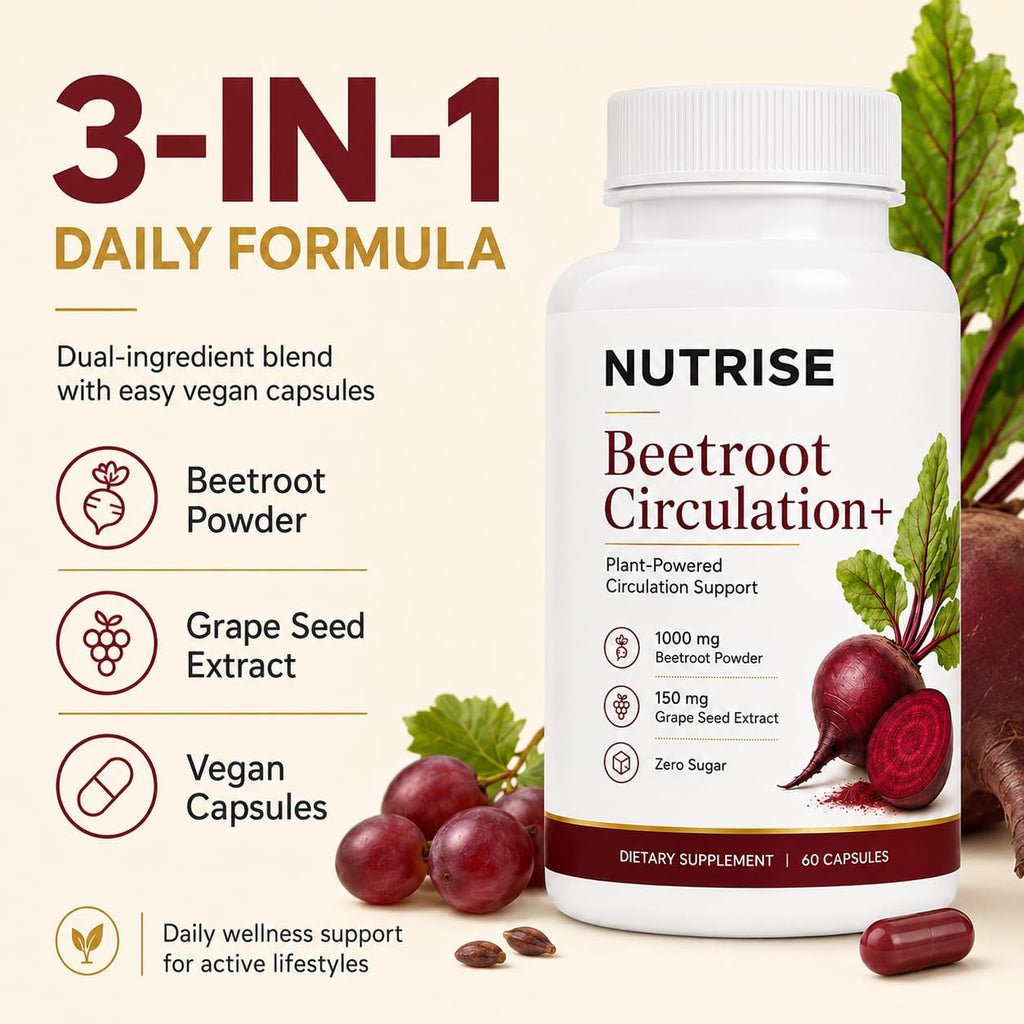 UXZQEN Nutrise Beetroot Capsules, 3-in-1 Beetroot Capsules with Grape Seed, Nitric Oxide Support, Active Lifestyle, Non-GMO, 60 Vegan Capsules