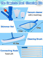 3-in-1 Portable Pool Cleaning Kit for Above Ground Pools - Includes Vacuum Cleaner with Mesh Bags, Brush, Skimmer Nets, 6.2ft Adjustable Pole for Spas, Inflatable or Frame Swimming Pools Maintenance
