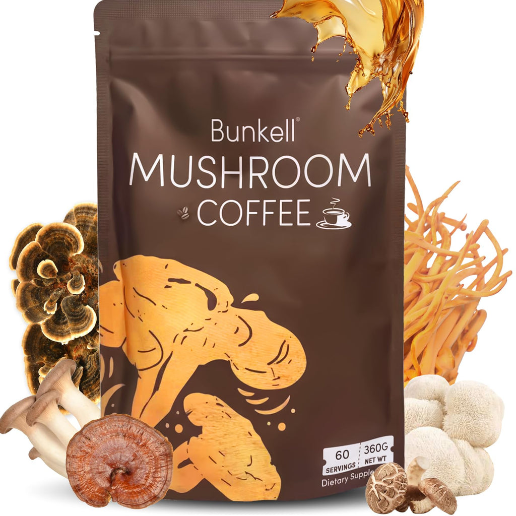 Bunkell Mushroom Coffee, Adaptogenic 6 Mushrooms with Lion's Mane, Reishi, Cordyceps, Shiitake, King Trumpet & Turkey Tail, Instant Coffee Powder for Energy, Digestion & Immune Support, 60 Servings