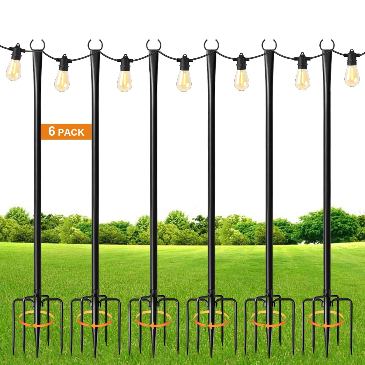 MuliVid 6 Pack 9FT String Light Poles for Outdoor,Metal Lights Hanging Pole Outside with Fork,Light Stand for Patio, Pergola, Garden, Backyard, Yard, Camping Party