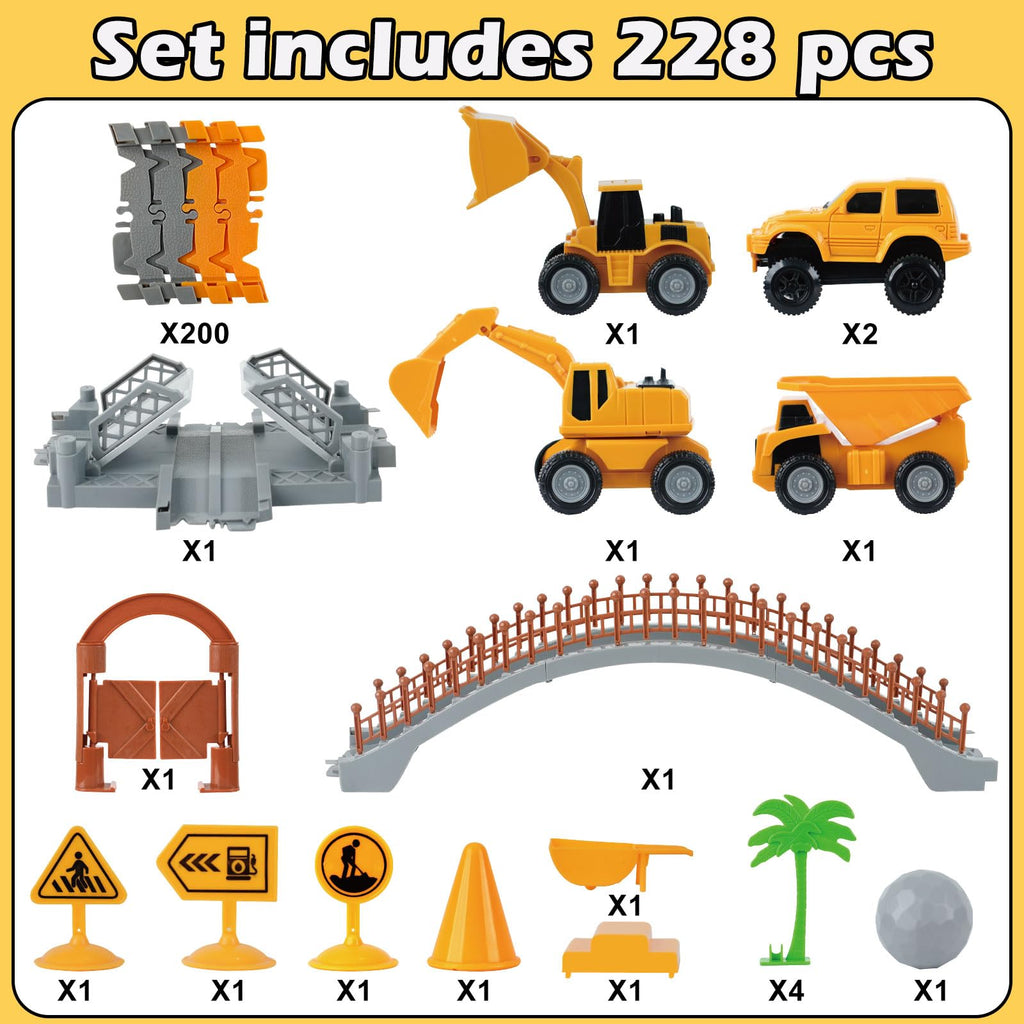 TGJH Construction Race Car Track Set for Kids - Flexible Engineering Toys with 2 Electric Cars, Birthday Gift for 3 4 5 6 7 Year Old Boys, DIY Road Games Playset with 220+ PCS
