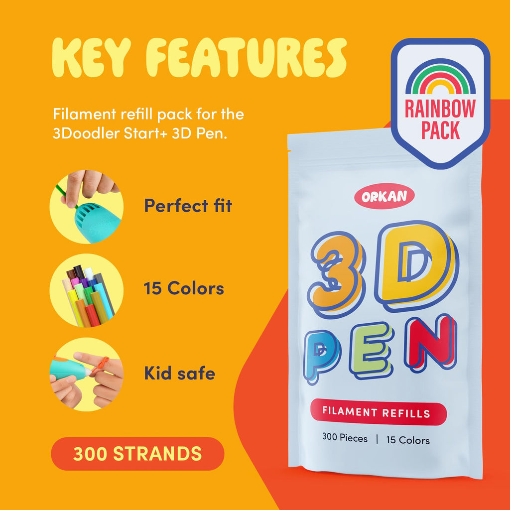 300 x ORKAN 3D Pen Filament Refills | Only Compatible with The 3Doodler Start+ | 15 Rainbow Colors | 6" x 2.5mm PCL Eco-Filament Strands | Safe for Kids | Only for 3Doodler Start+ 3D Pen