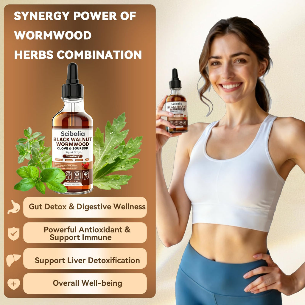 Scibalia Wormwood Black Walnut Clove Cleanse for Human Drops, 19-in-1 Triple-Action Gut Detox & Digestive Wellness Organic Wormwood Tincture w. Soursop Pumpkin Garlic Oil of Oregano, Vegan