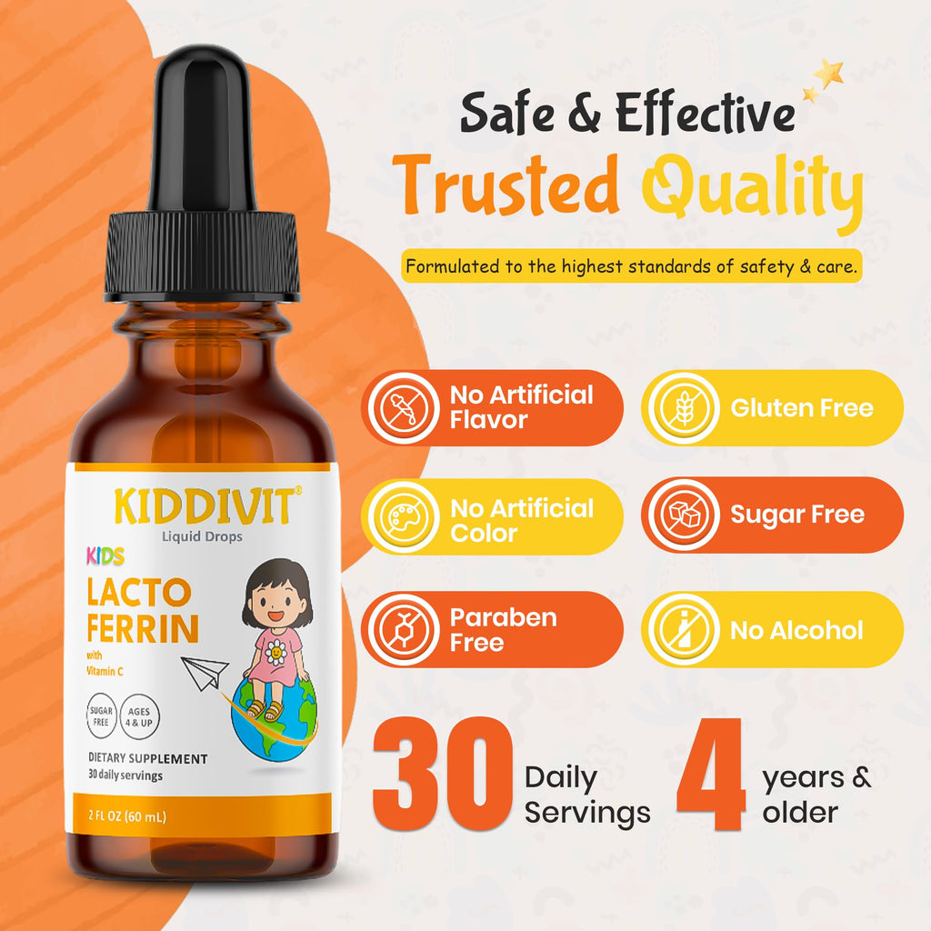Kiddivit Lactoferrin Kids Liquid Drops with Vitamin C – 30 Daily Servings, 2 FL OZ (60 mL) – Immune & Digestive Support – Sugar Free, Gluten Free