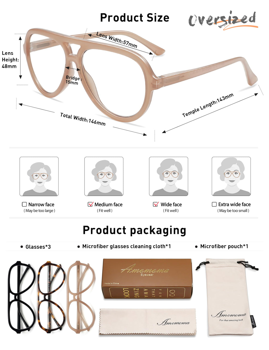 AMOMOMA 3 Pack Retro Aviator Reading Glasses for Women Men,Classic Large Oversized Reader Blue Light Computer Frame AM6111 C1+C2+C4 0.0X
